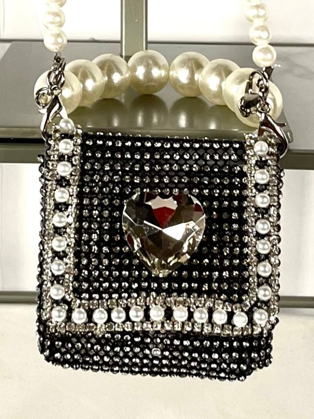 Black/Rhinestone Mini-Micro Purse with 21" Pearl Strap + Wrist Strap